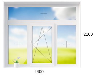 Трехстворчатое т-образное пластиковое окно 2400 х 2100 мм